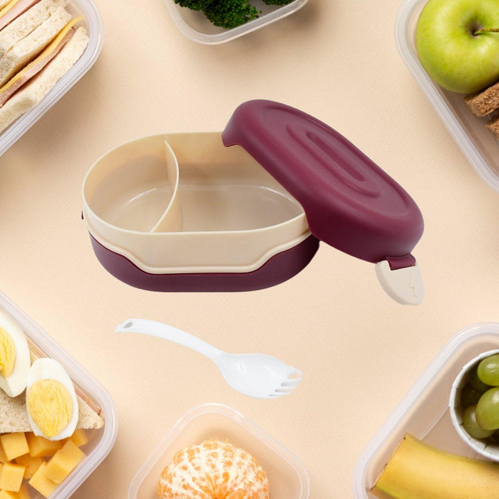 Airtight food grade tiffin box with two compartments and a spoon for meal prep and storage