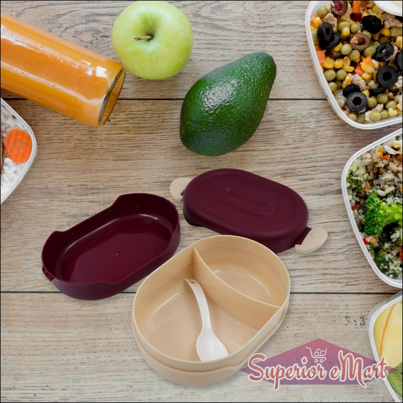 Set of airtight food grade tiffin boxes in two colors with a spoon and healthy meal options