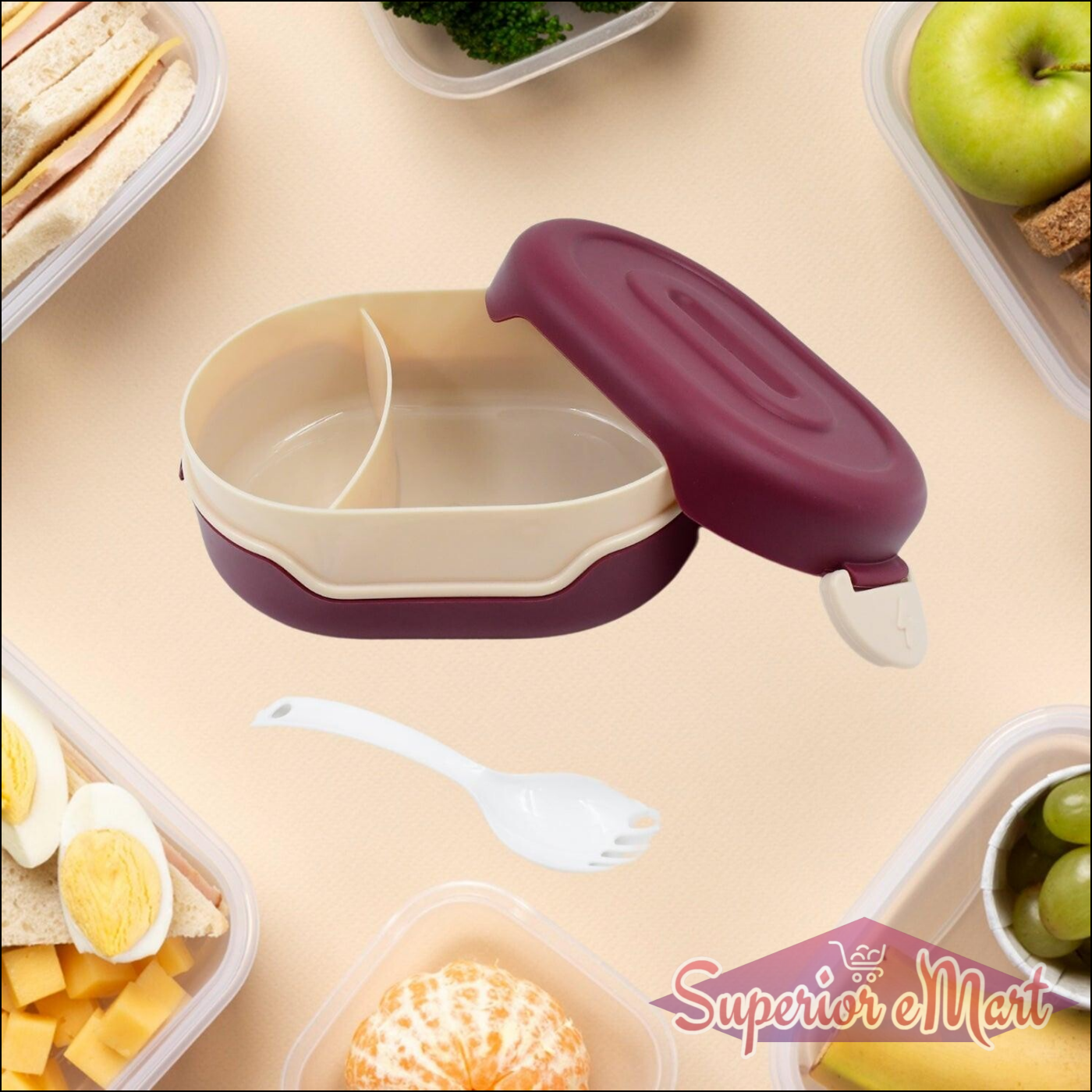 Airtight food grade tiffin box with two compartments and a spoon for meal prep and storage