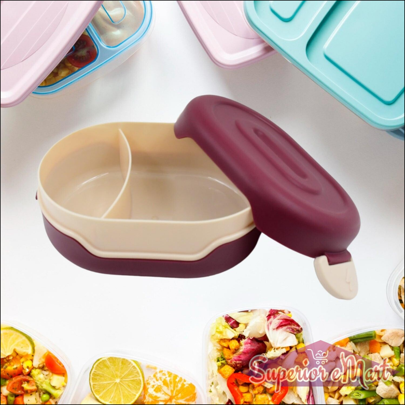 Airtight food grade tiffin box in maroon and cream with compartments for meal prep and storage