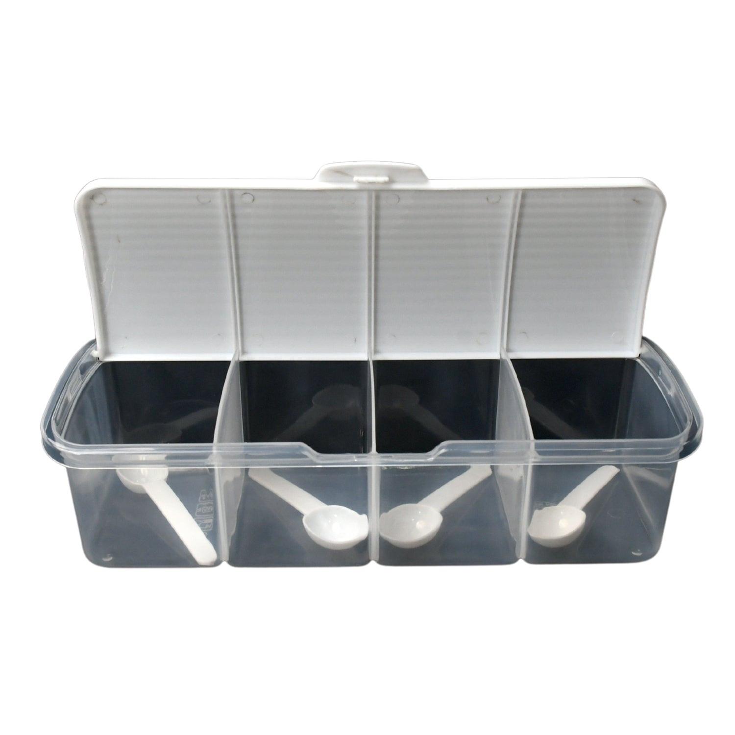 Airtight kitchen storage container with four compartments and white lids for organized food storage