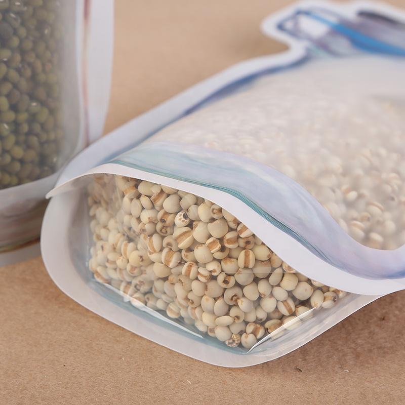 Airtight plastic food storage bag filled with grains, ideal for keeping food fresh for longer.