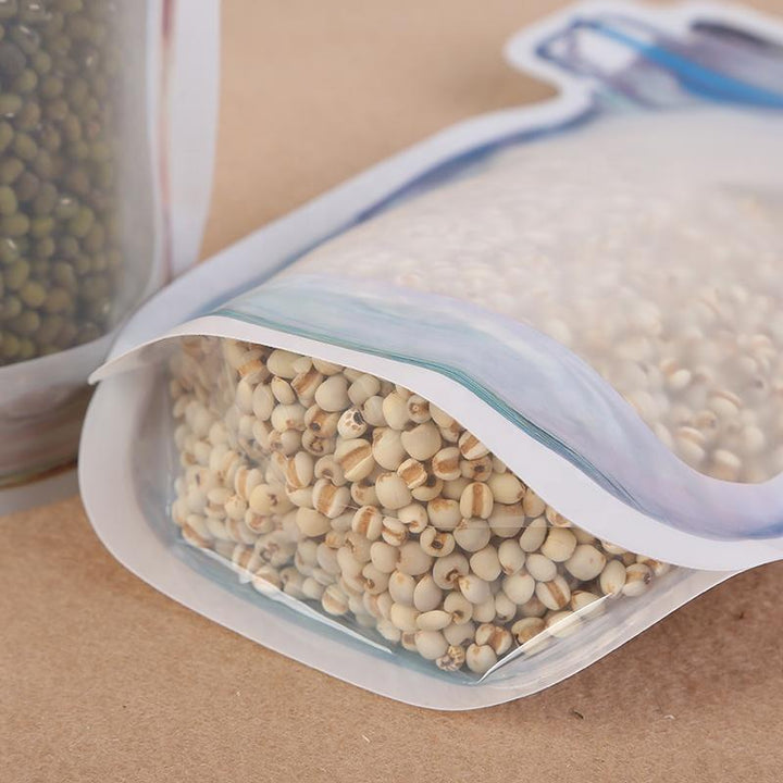 Airtight plastic food storage bag filled with grains, ideal for keeping food fresh for longer.