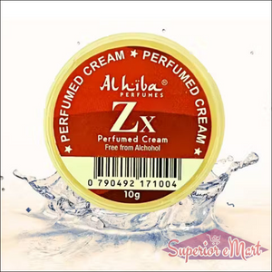 Alhiba Perfumes ZX Perfumed Cream container with water splash effect on a white background