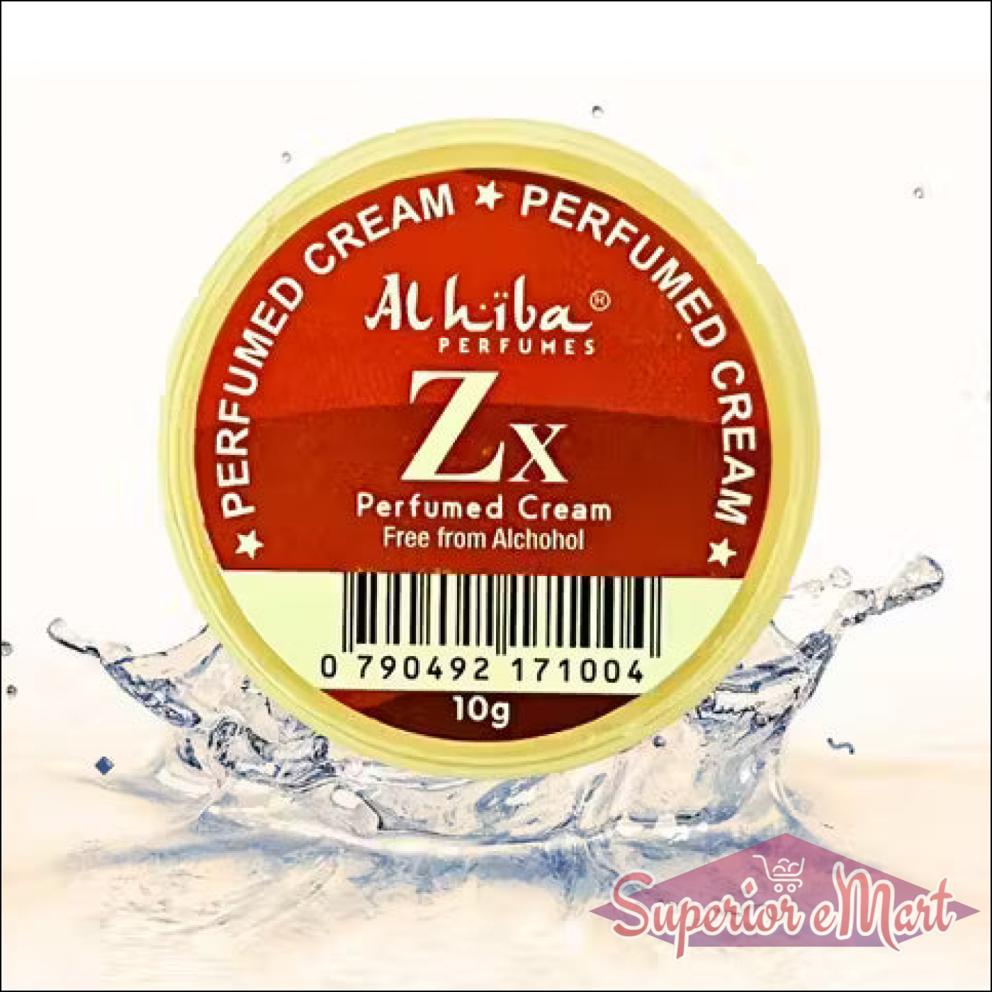 Alhiba Perfumes ZX Perfumed Cream container with water splash effect on a white background