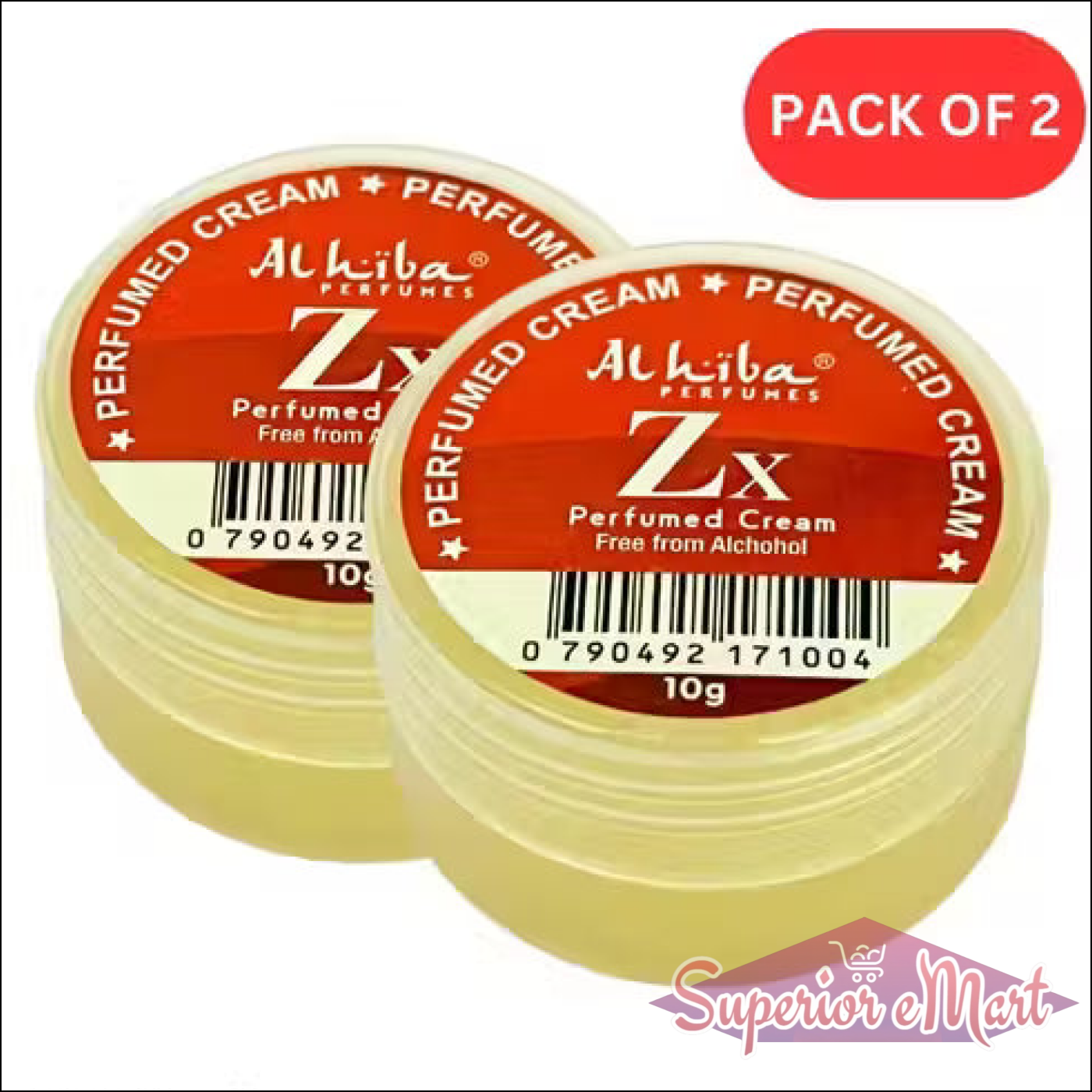 Two containers of Alhiba Perfumes ZX perfumed cream with a red label on a white background.
