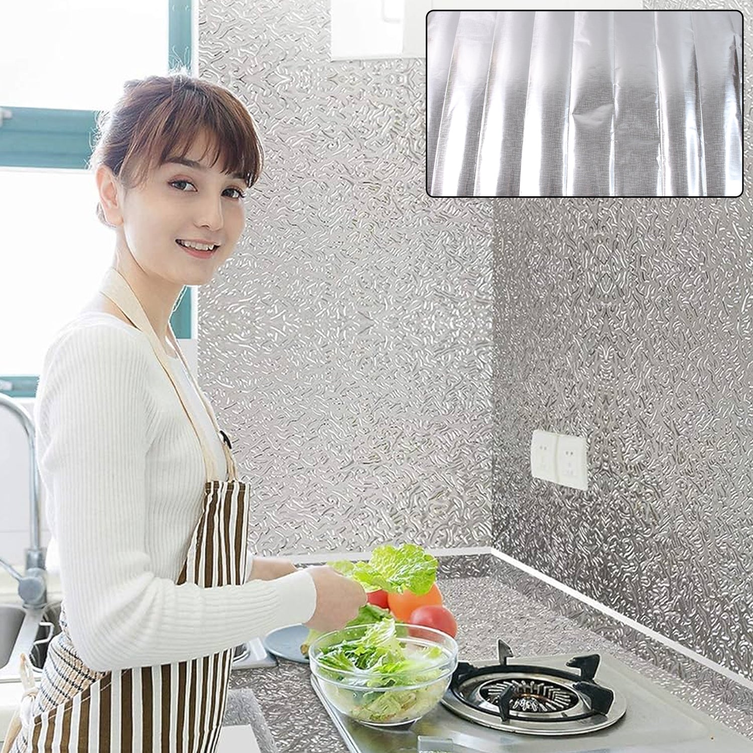 Female chef in kitchen with aluminum kitchen wall 3 Pc 50x90 Cm sheet backsplash behind gas stove