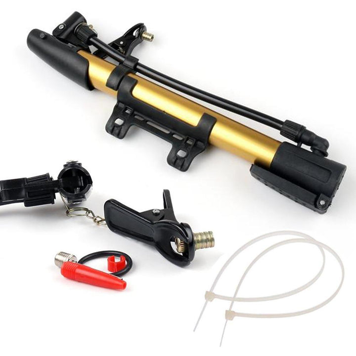 Aluminum mini bicycle pump in gold with accessories and attachments for easy inflation