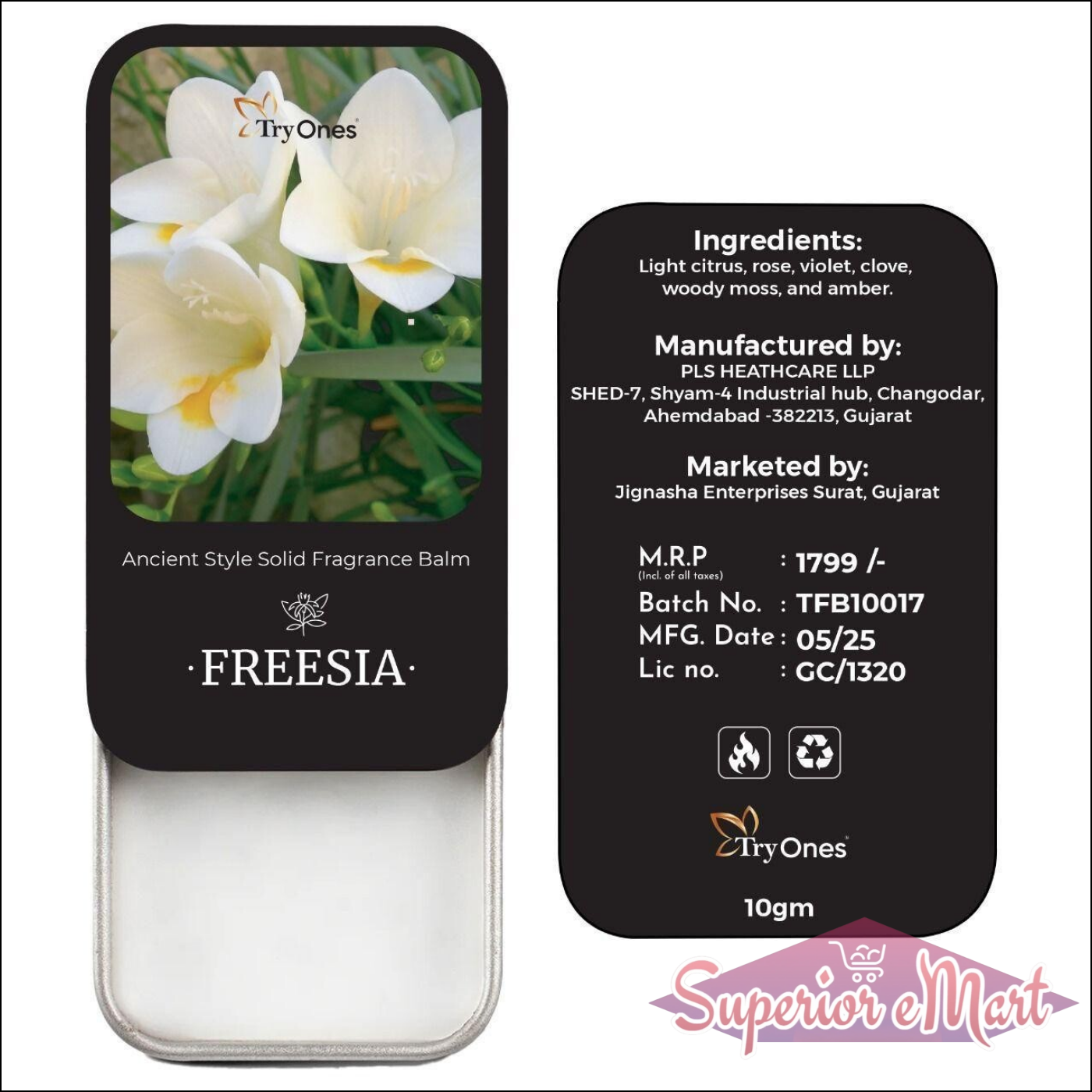 Ancient style solid perfume balm with floral fragrance featuring light citrus notes in a 10g tin