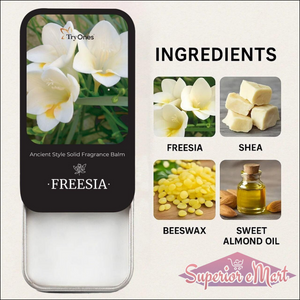 Ancient style solid perfume in a balm form with freesia, shea, beeswax, and sweet almond oil ingredients