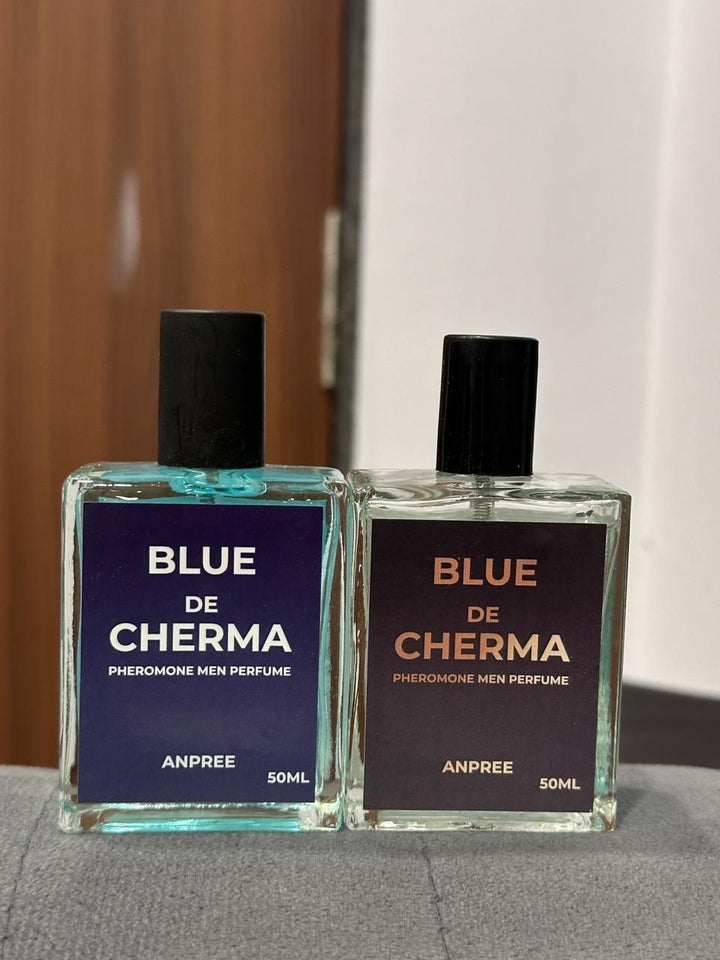 Blue De Cherma men perfume bottles showcasing unique designs for a sophisticated fragrance experience