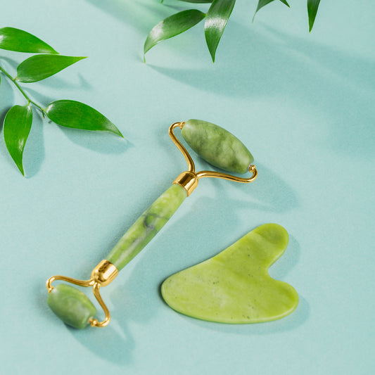 Superior eMart anti-aging face massager made of jade with a roller and gua sha tool for skincare routines