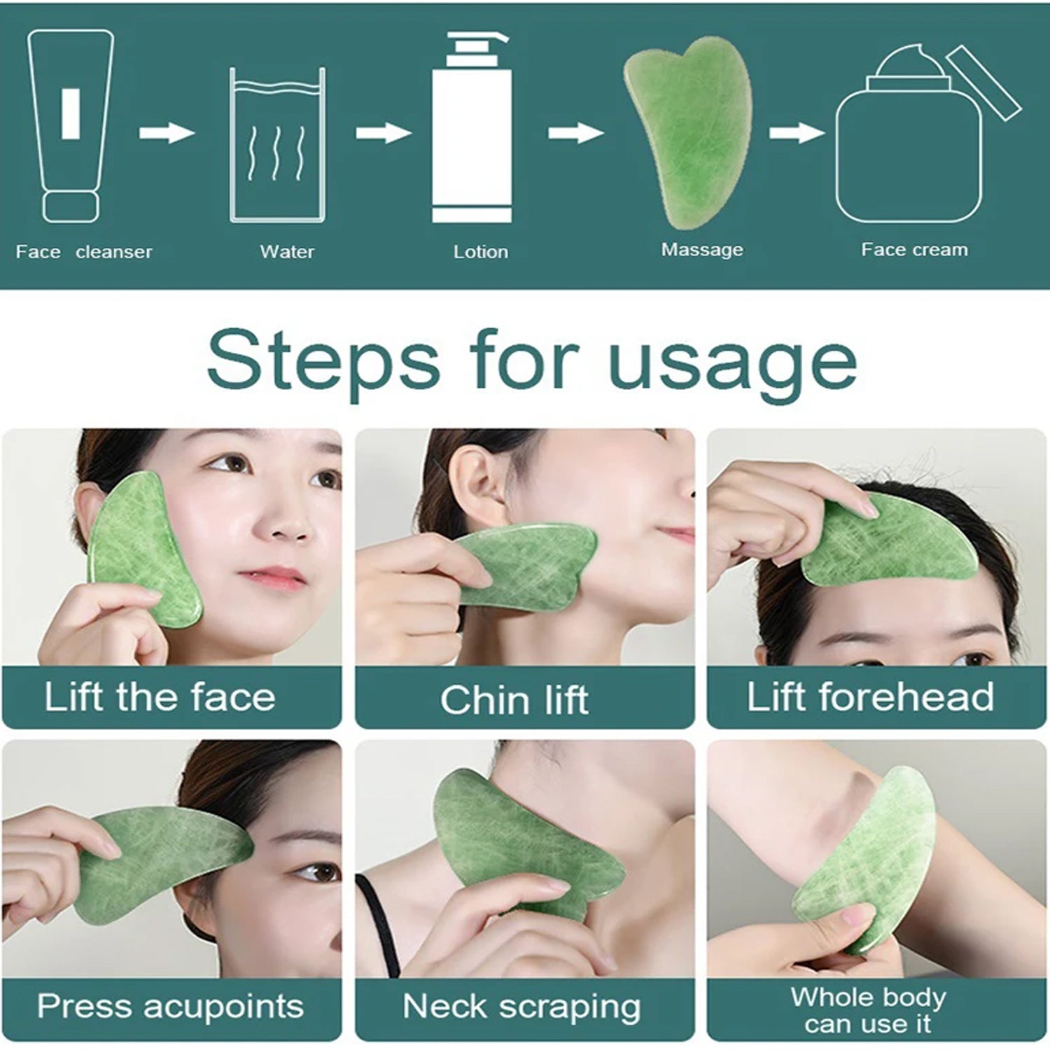 Step-by-step usage of the anti-aging face massager for lifting and relaxing facial muscles
