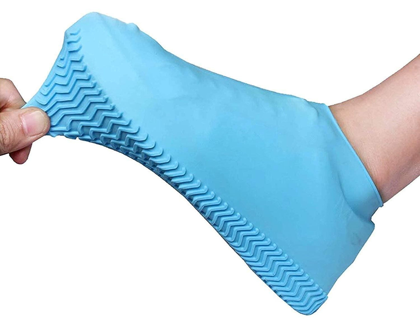 Stretchy blue anti-skid boot cover designed for enhanced grip and protection on slippery surfaces