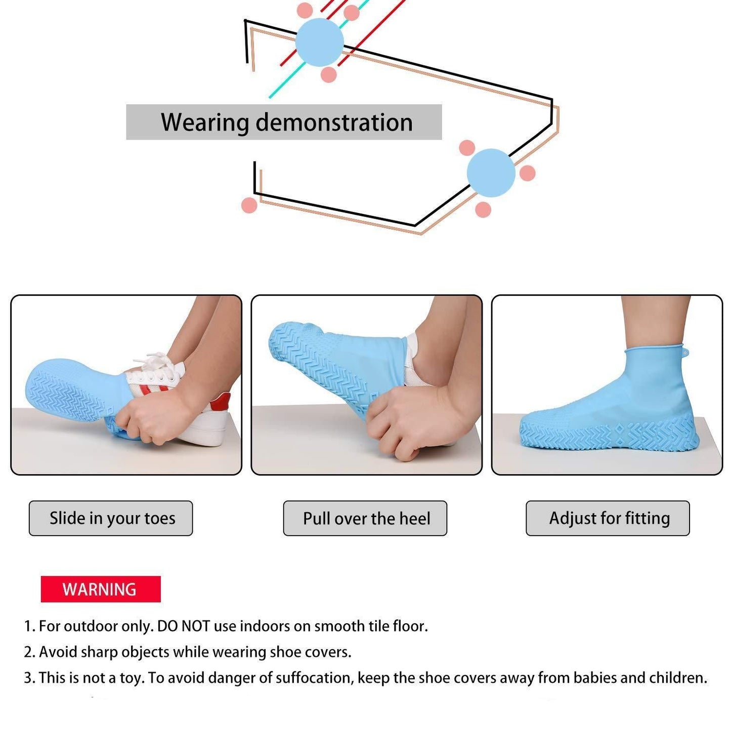 Wearing demonstration for anti-skid boot cover showing sliding on toes, pulling over heel, and adjusting for fit