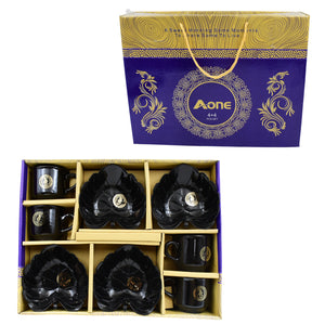 Ceramic tea cup and bowl set in a gift box with stylish black design and six pieces for elegant dining