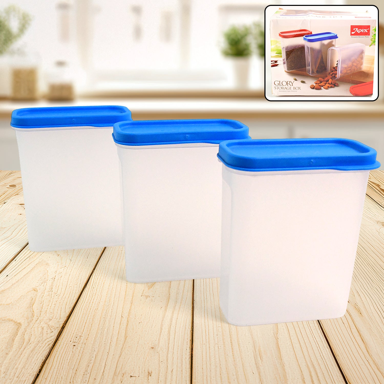 Superior eMart 3-piece container set for kitchen with blue lids and clear plastic storage boxes