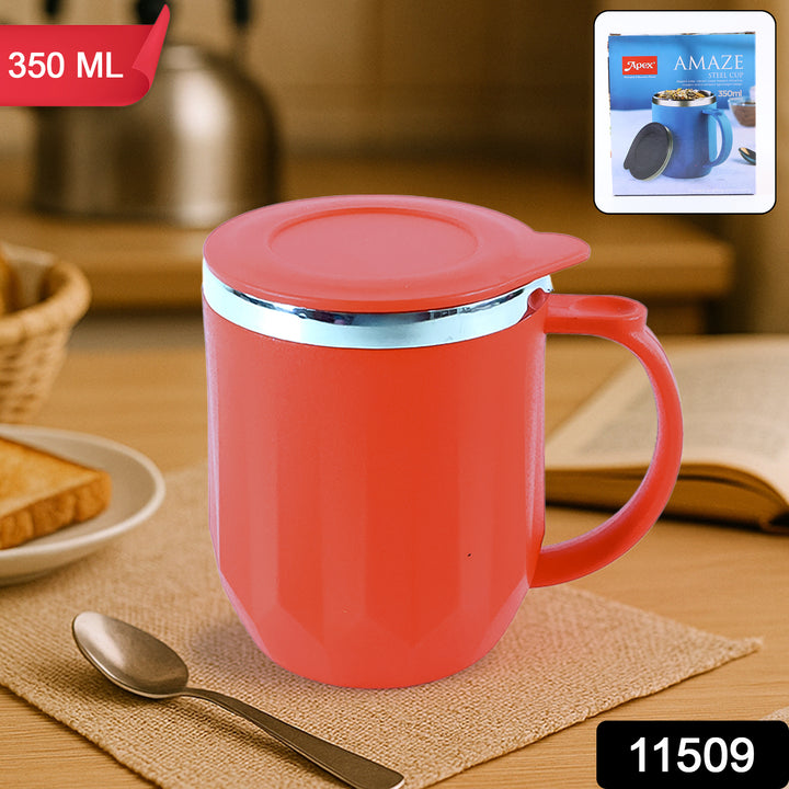 Superior eMart 350ml travel coffee mug in coral red with lid, perfect for home and kitchen use