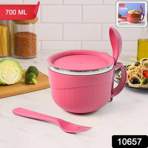 Pink multipurpose noodle bowl with lid, featuring a sturdy handle and included fork for easy serving