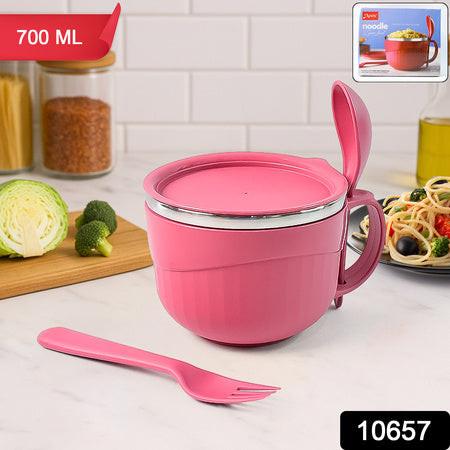 Pink multipurpose noodle bowl with lid, featuring a sturdy handle and included fork for easy serving