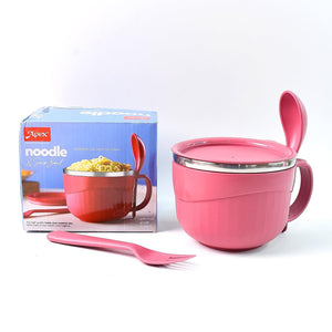 Pink multipurpose noodle bowl with lid and spoon, perfect for enjoying noodles on the go