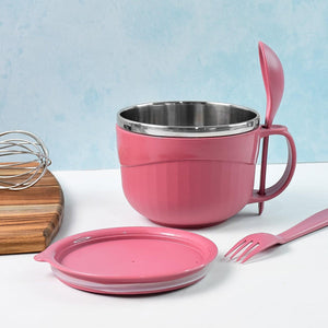 Pink multipurpose noodle bowl with lid, featuring a stainless steel interior and a matching spoon