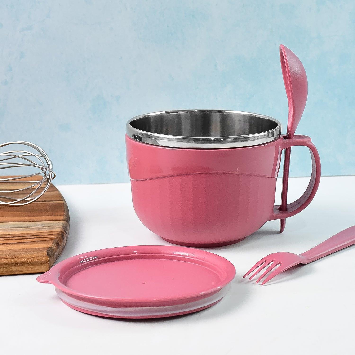 Pink multipurpose noodle bowl with lid, featuring a stainless steel interior and a matching spoon