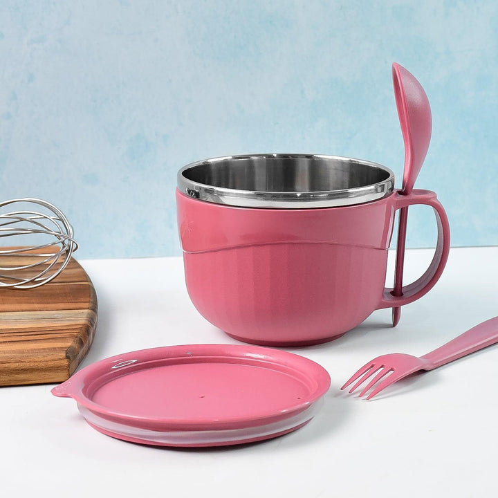 Pink multipurpose noodle bowl with lid, featuring a stainless steel interior and a matching spoon