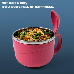 Pink multipurpose noodle bowl with lid, ideal for serving hot noodles and easy to use