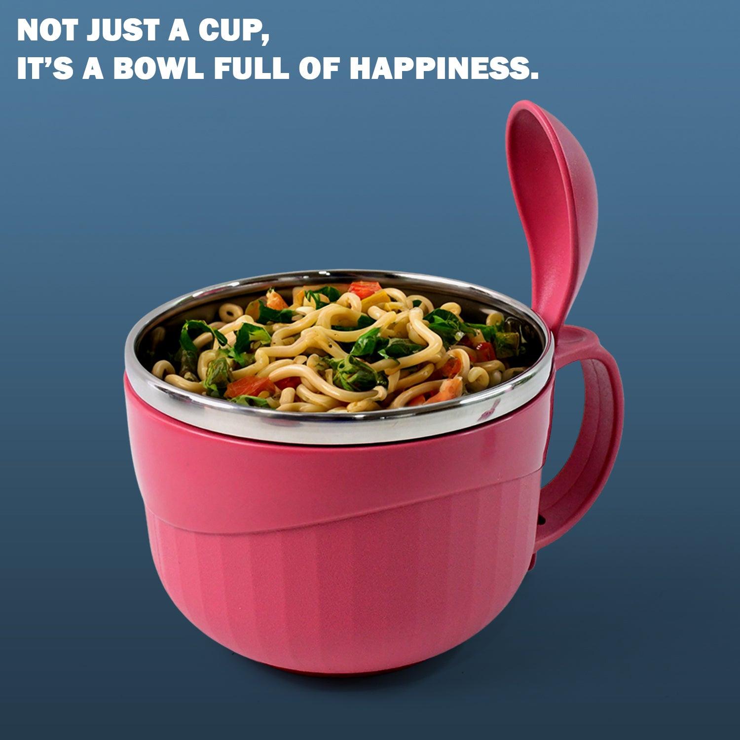 Pink multipurpose noodle bowl with lid, ideal for serving hot noodles and easy to use