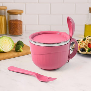 Superior eMart multipurpose noodle bowl with lid in pink, featuring a spoon and fork for easy serving