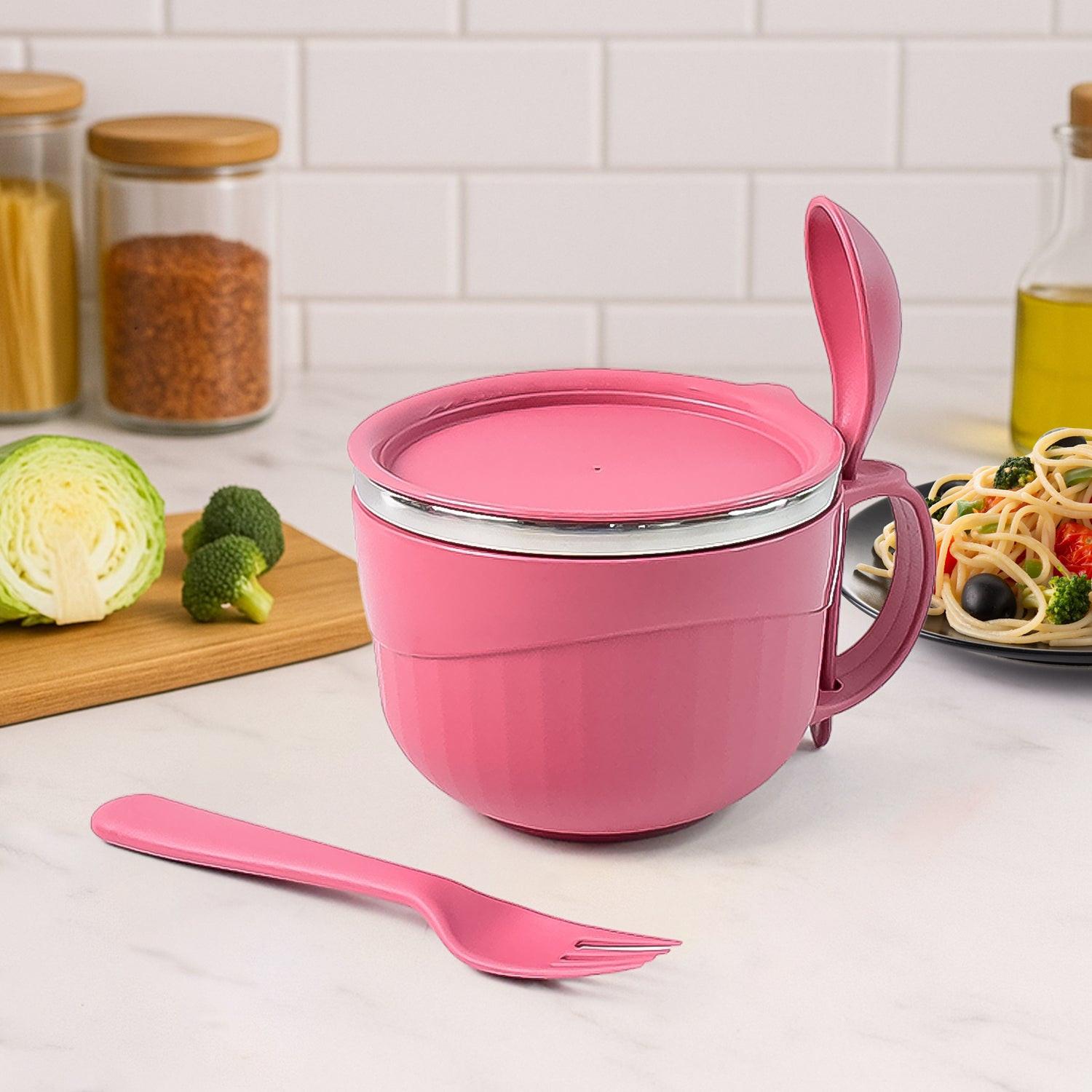 Superior eMart multipurpose noodle bowl with lid in pink, featuring a spoon and fork for easy serving