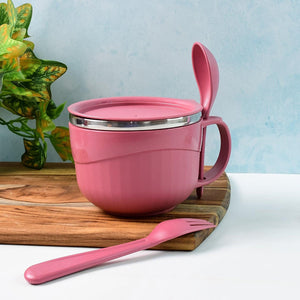 Pink multipurpose noodle bowl with lid and matching fork, perfect for meals at home or on the go