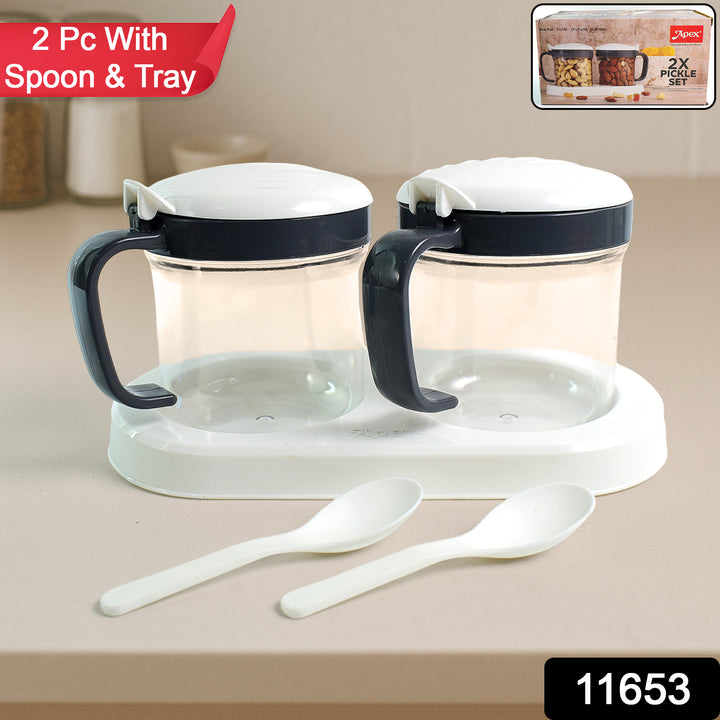 Superior eMart Apex pickle container set with two clear jars, lids, handles, two spoons, and white tray