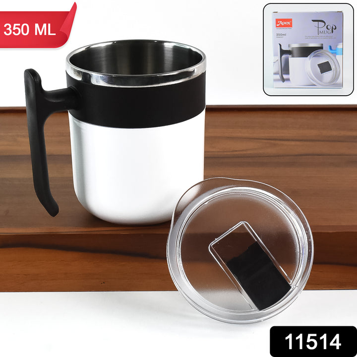Superior eMart pop inner travel mug 350 ML stainless steel white with black handle and clear lid