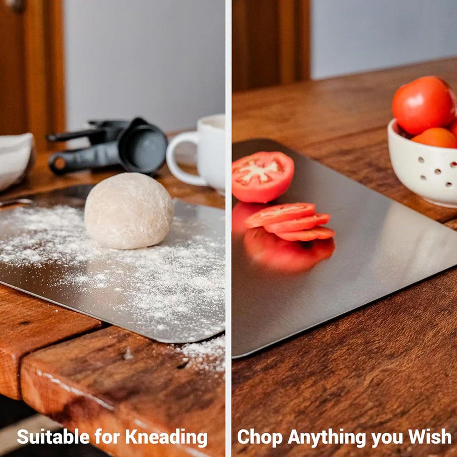 Stainless steel chopping board ideal for kneading dough and chopping vegetables effortlessly