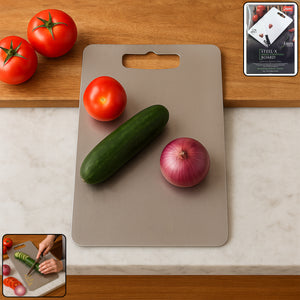 Superior eMart stainless steel chopping board with tomatoes, cucumber, and onion on a countertop