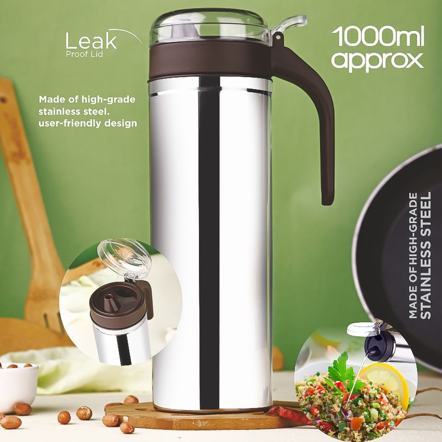Superior eMart stainless steel oil pourer with leak proof lid and 1000ml capacity for kitchen use