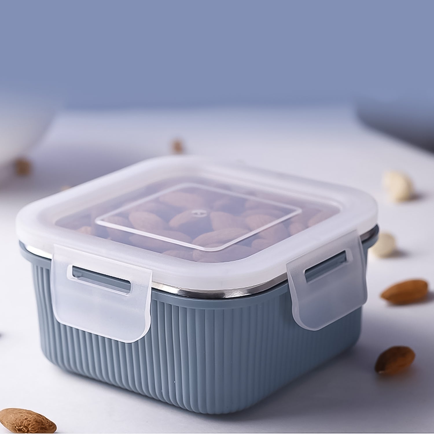 Apex Victor food container by Superior eMart in blue with secure locking lid holding nuts
