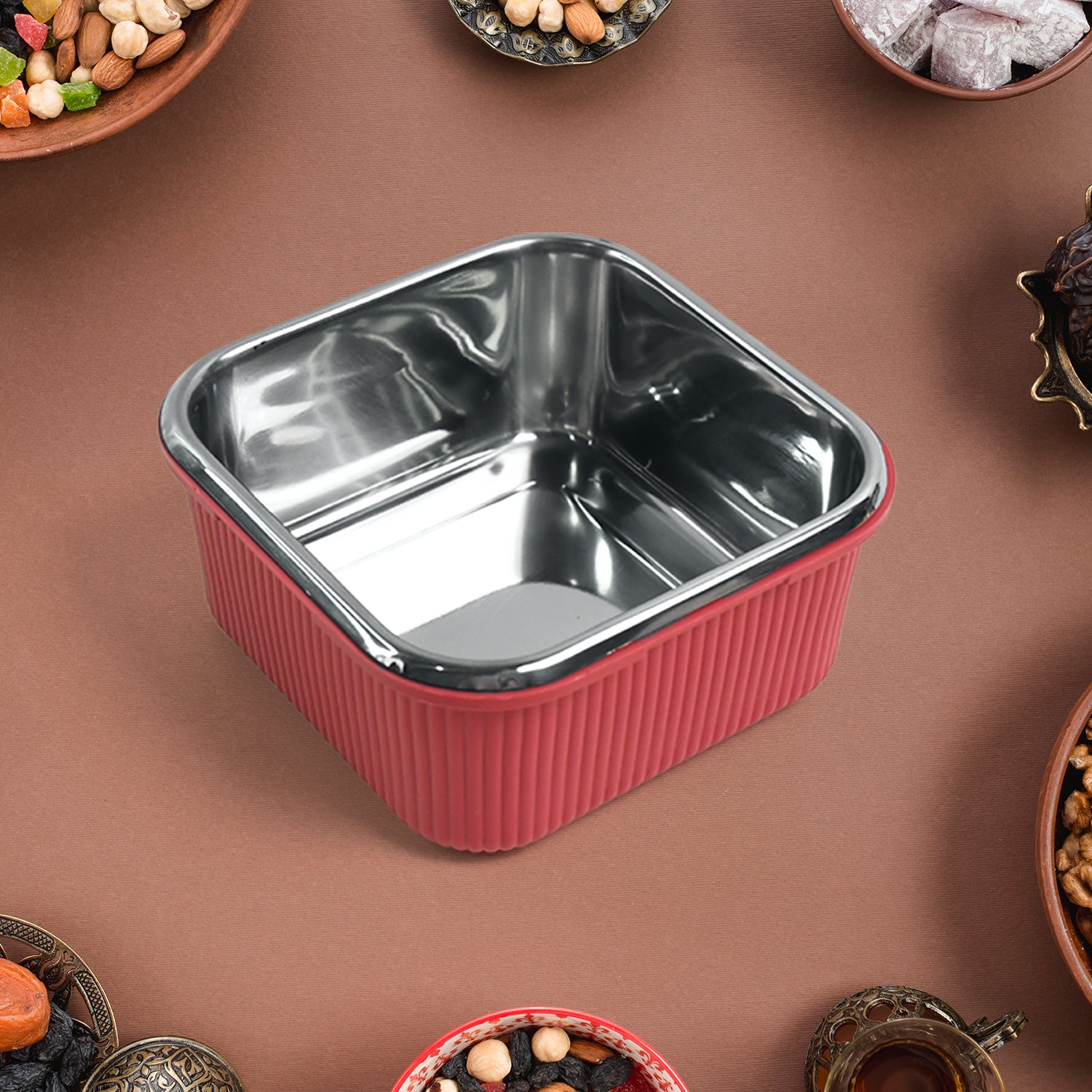 Apex Victor food container by Superior eMart with stainless steel interior and red ribbed exterior