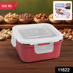 Apex Victor food container 400 ML red with white locking lid from Superior eMart placed on wooden surface with nuts in background