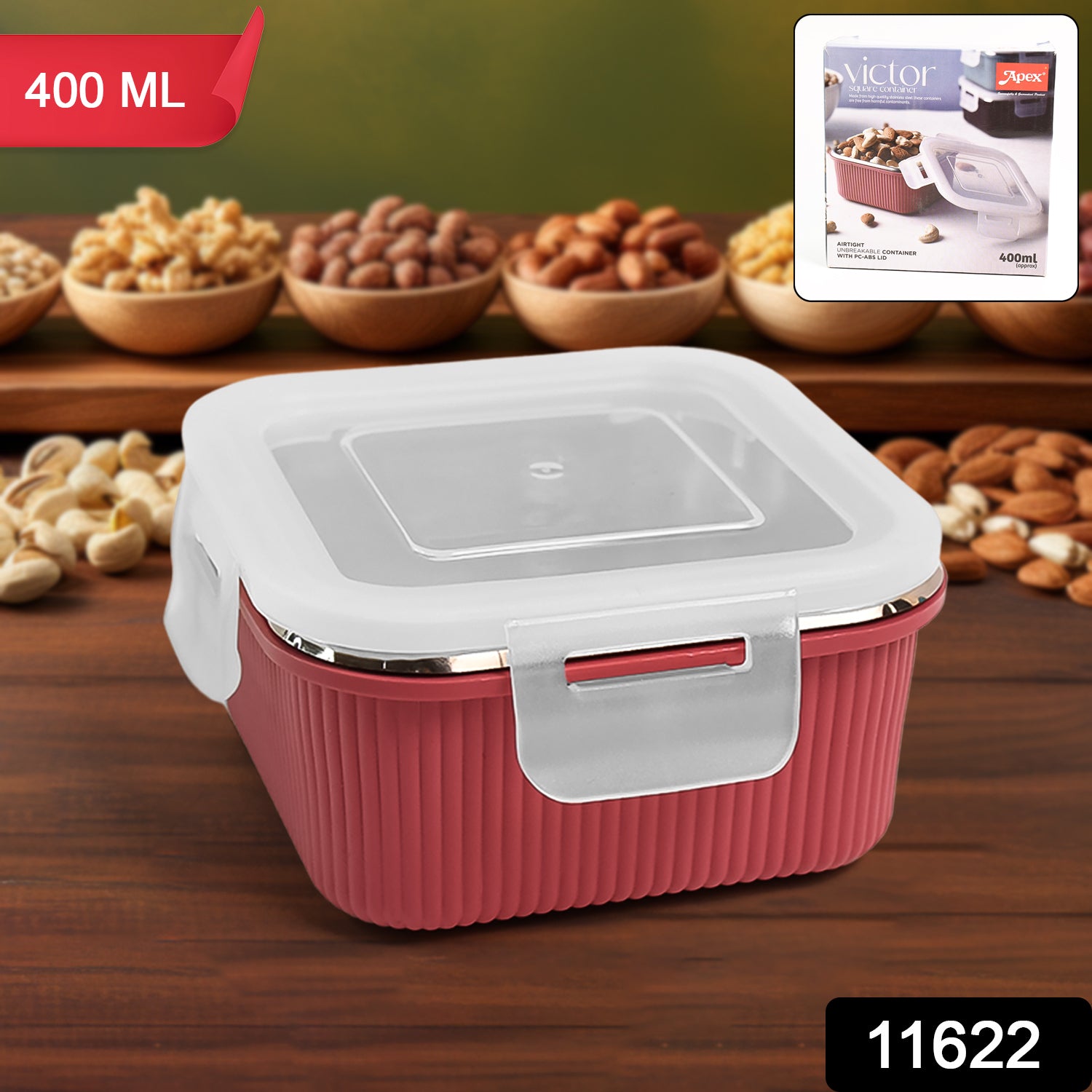 Apex Victor food container 400 ML red with white locking lid from Superior eMart placed on wooden surface with nuts in background