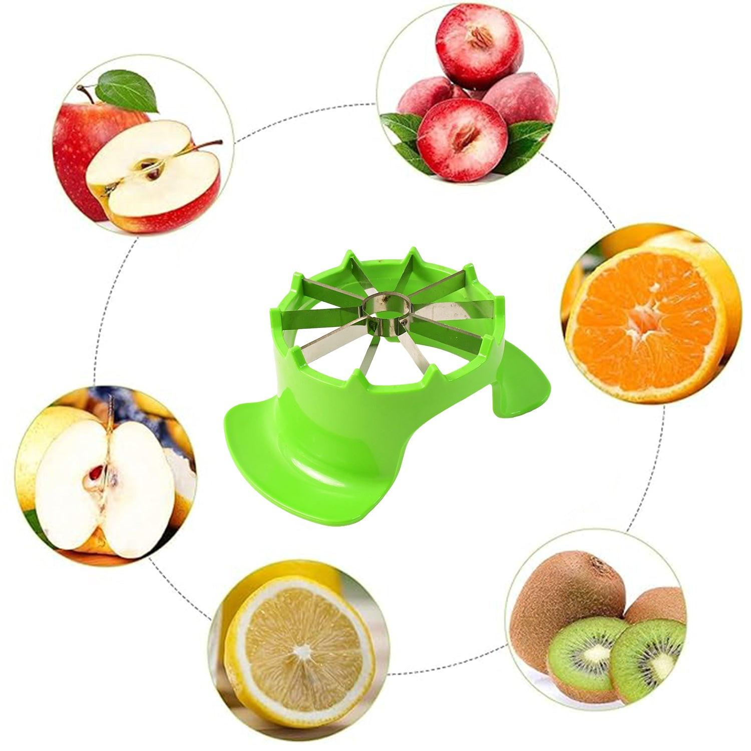 Green apple cutter with container featuring multiple fruit illustrations for easy slicing and storage