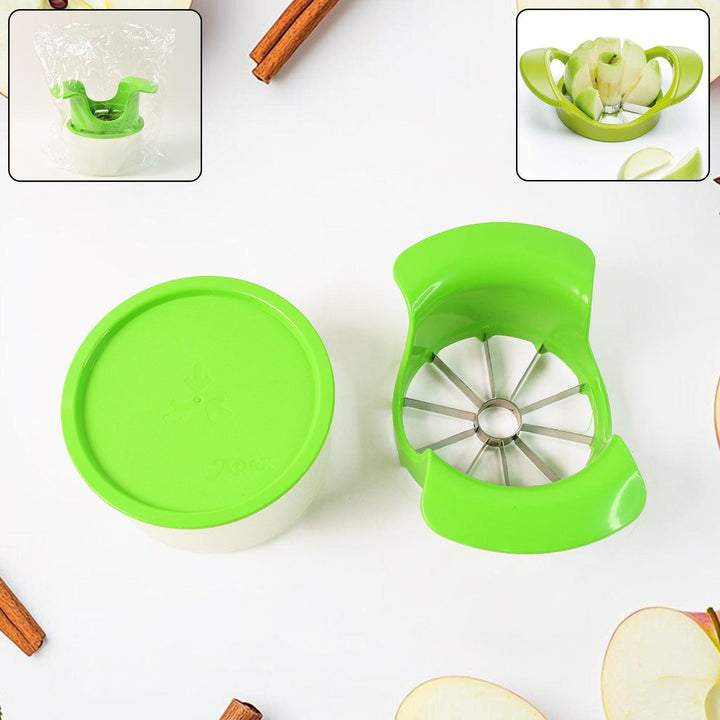 Green apple cutter with container for quick and easy slicing of apples for snacks or baking