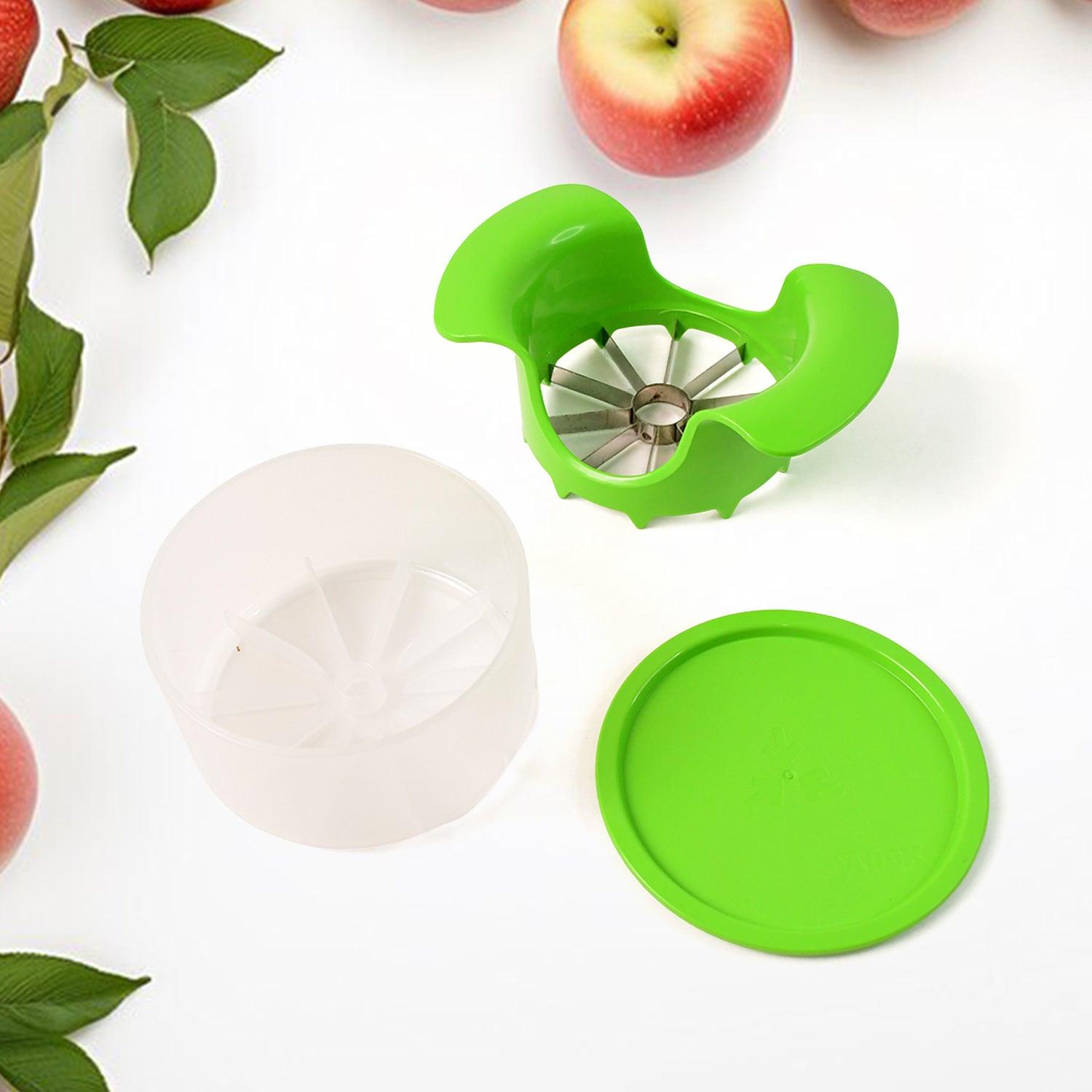 Apple cutter with container in green and white, designed for easy slicing and storage of apples