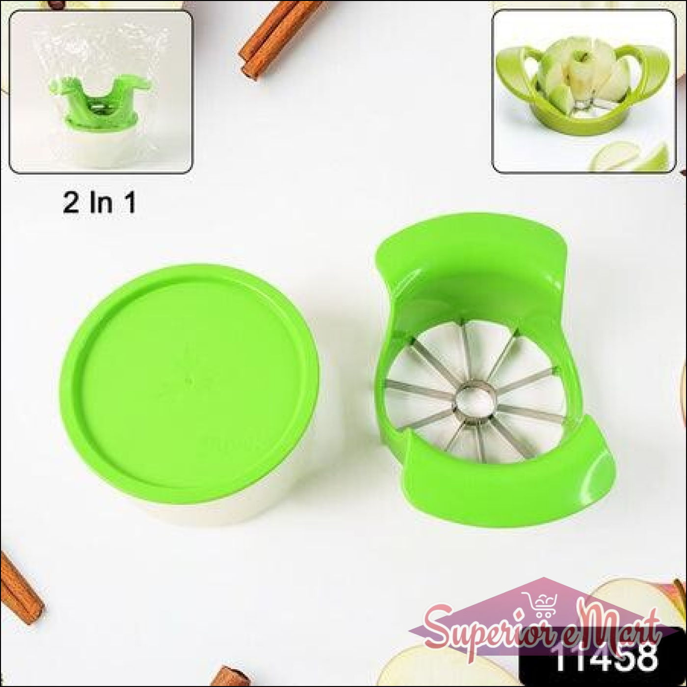 Green apple cutter with container for easy slicing and storage of apples
