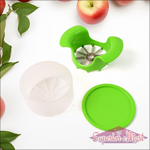 Apple cutter with container in green and white, designed for easy slicing and storage of apples