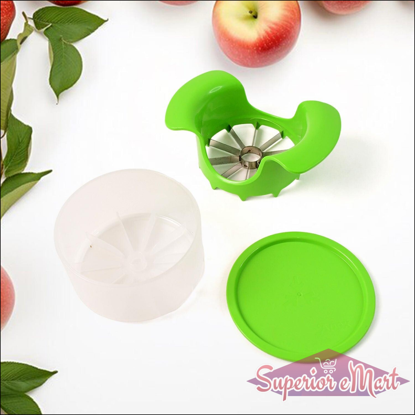 Apple cutter with container in green and white, designed for easy slicing and storage of apples