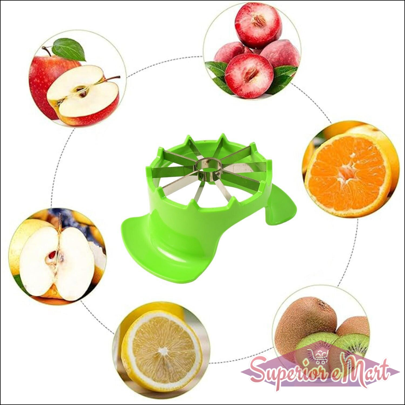 Green apple cutter with container featuring multiple fruit illustrations for easy slicing and storage