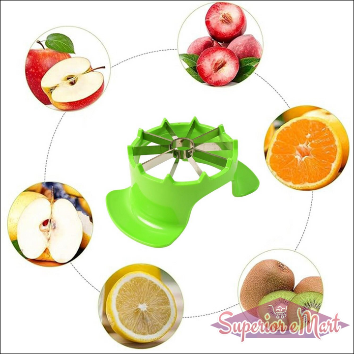 Green apple cutter with container featuring multiple fruit illustrations for easy slicing and storage